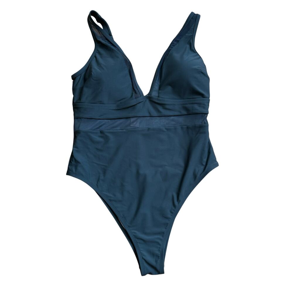 NWT Cupshe Hunter Green Swimsuit 1X Vneck Mesh Tummy Control Sexy Plunge